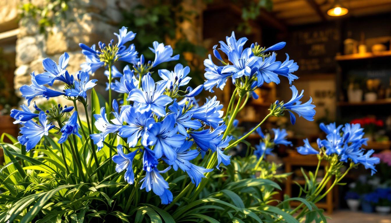 Agapanthes bleues fraîches et élégantes en étalage chez un fleuriste français