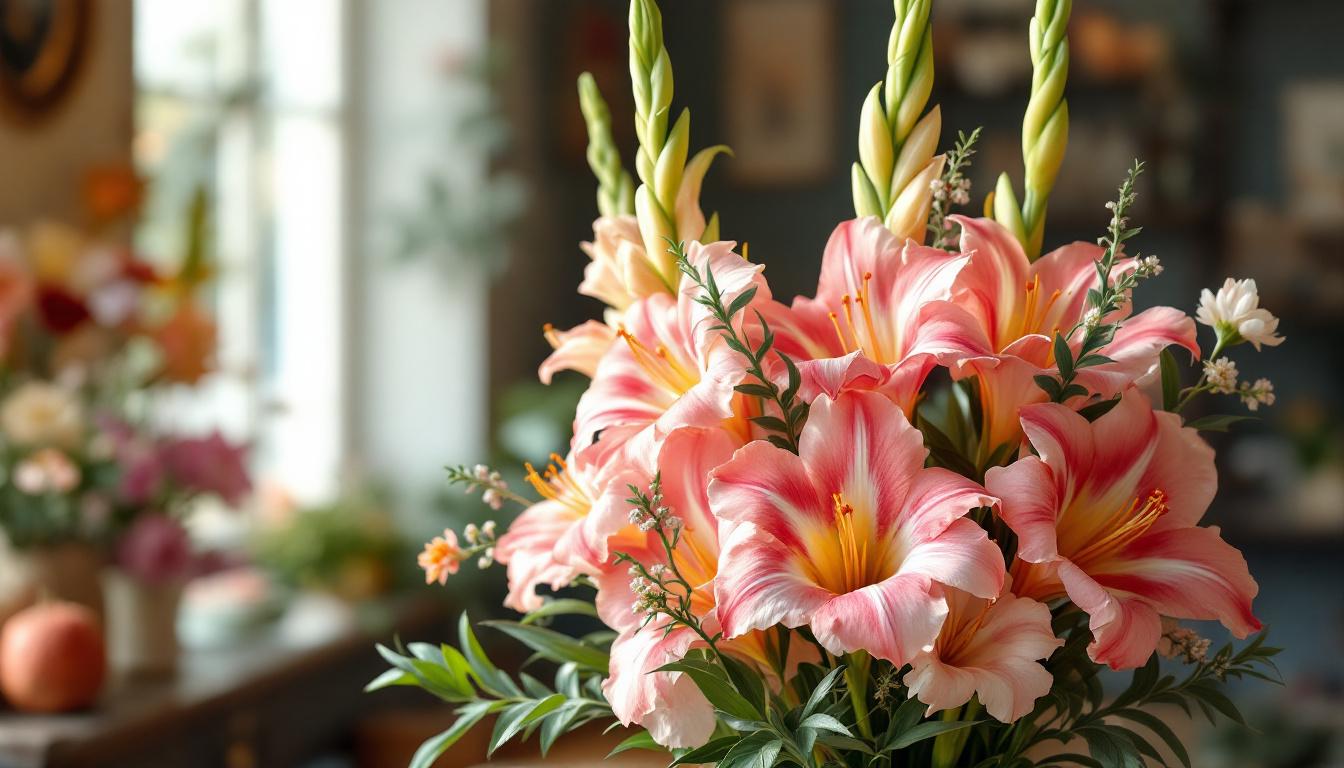 Arrangements floraux rétro avec glaïeuls colorés et tons pastel
