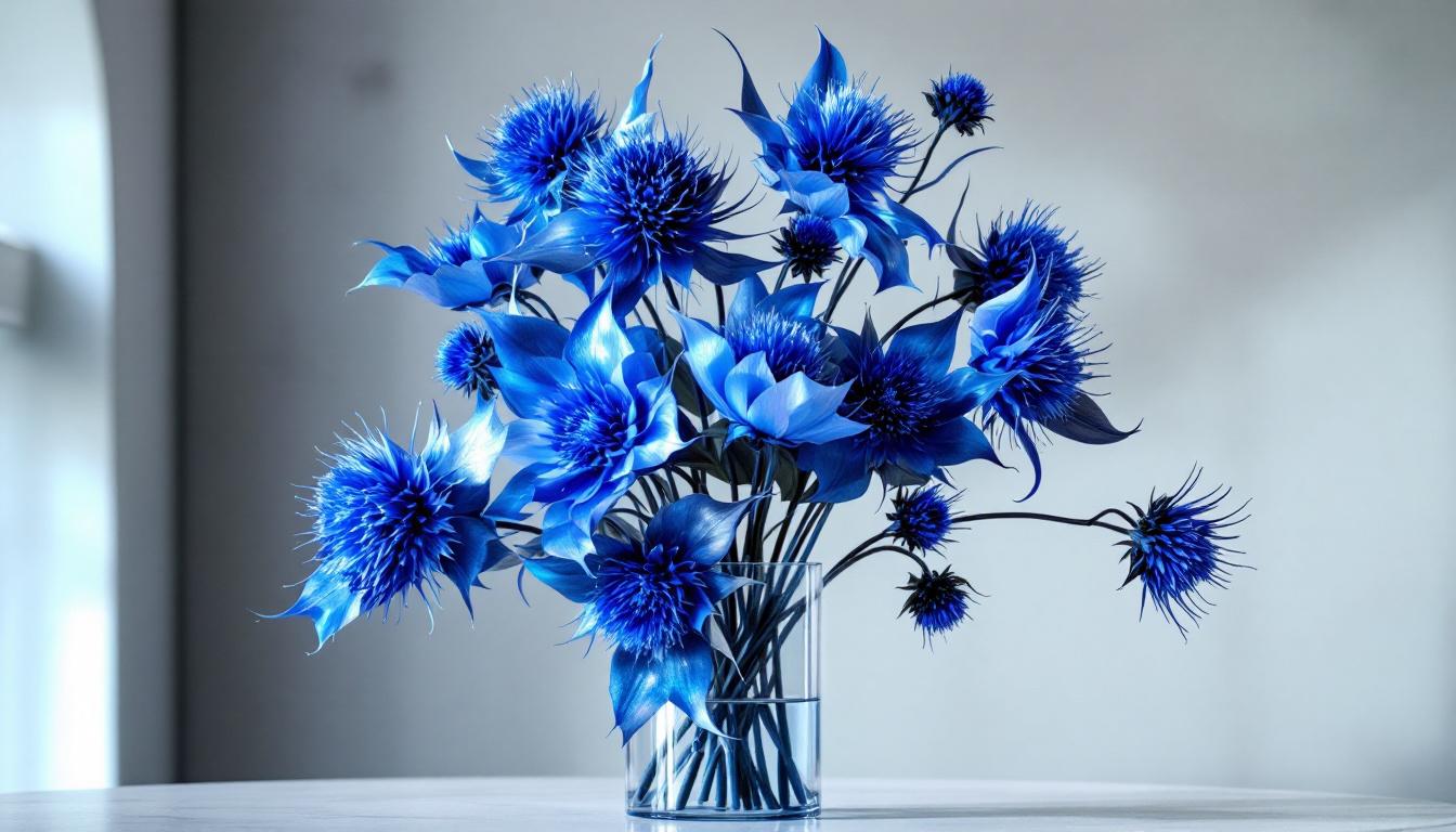 Bouquet contemporain avec chardons bleus aux reflets métalliques