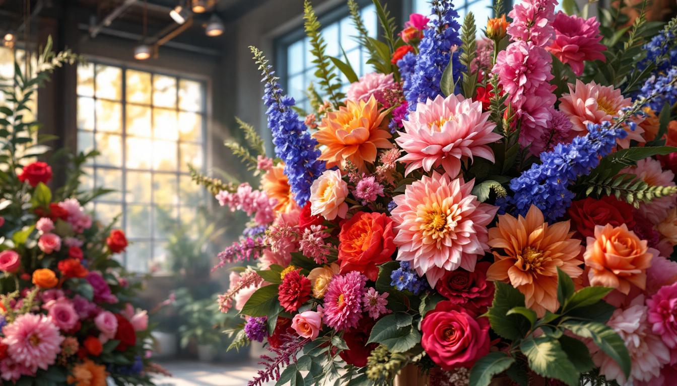 Composition maximaliste théâtrale avec dahlias, delphiniums, roses vives et feuillages exotiques