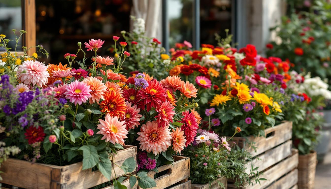 Fleurs locales françaises fraîches, dahlias, cosmos et pavots