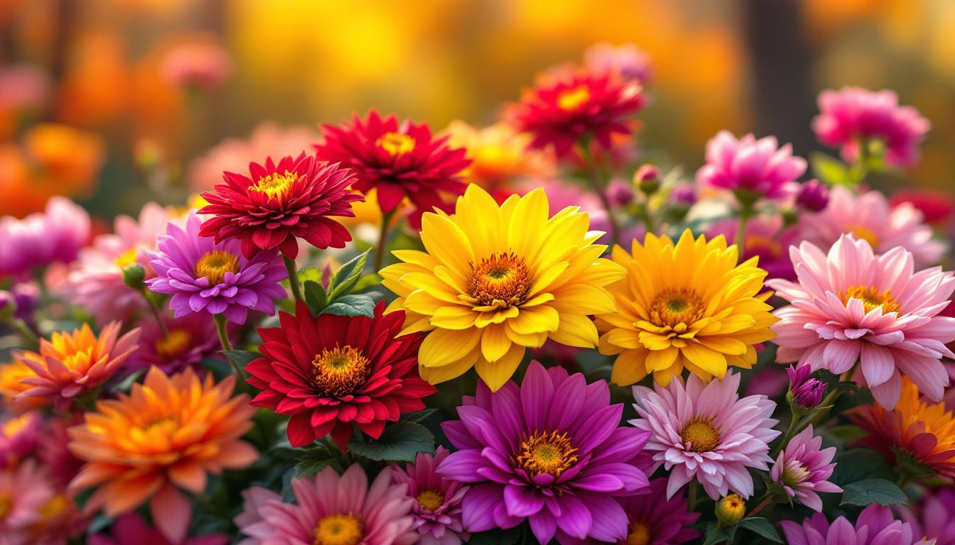 Chrysanthèmes colorés et cyclamens délicats en pleine floraison automnale, bouquet lumineux d’automne.