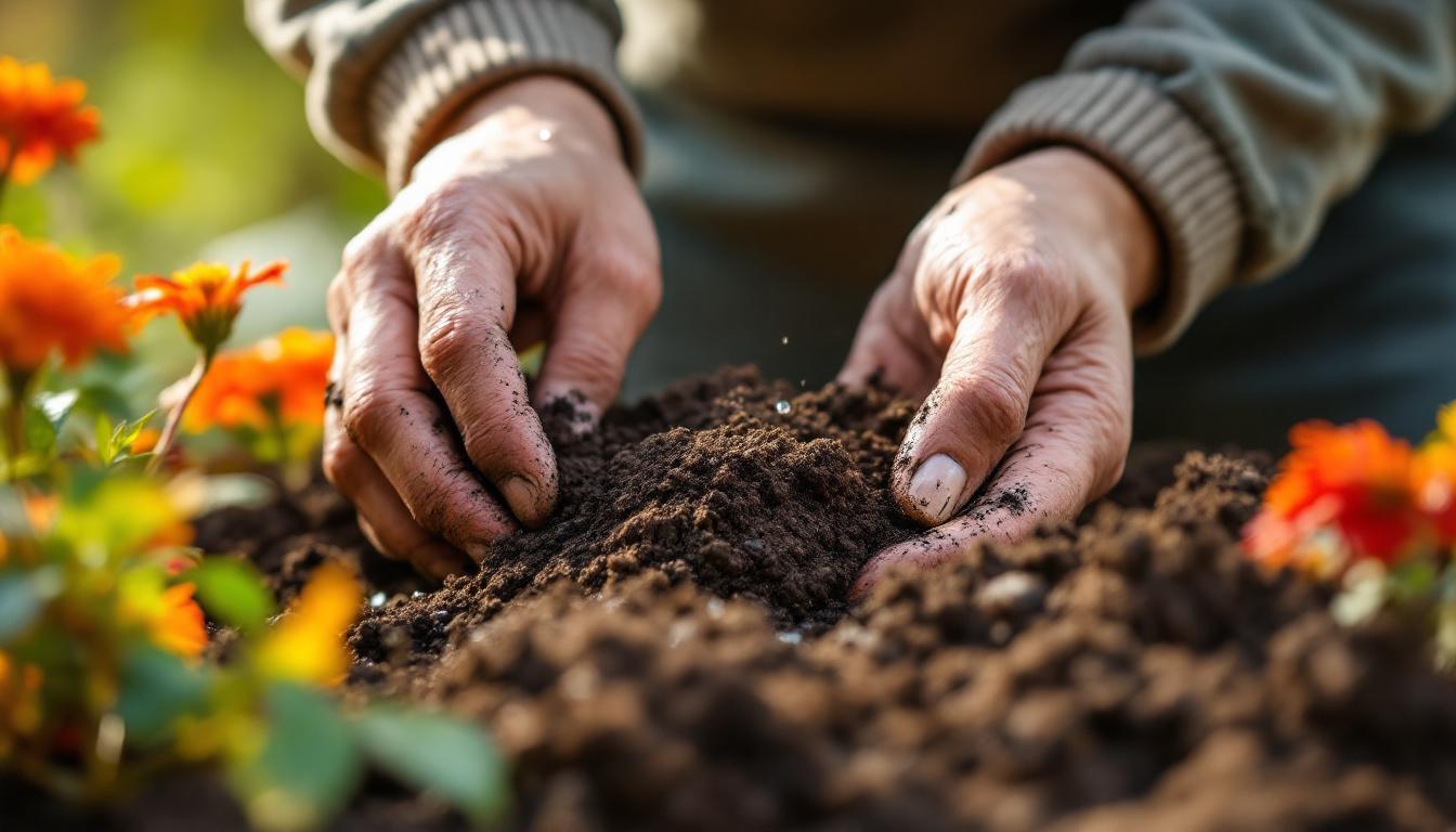 Jardinier expérimenté préparant le sol automnal et arrosant délicatement des plantations de fleurs de novembre.