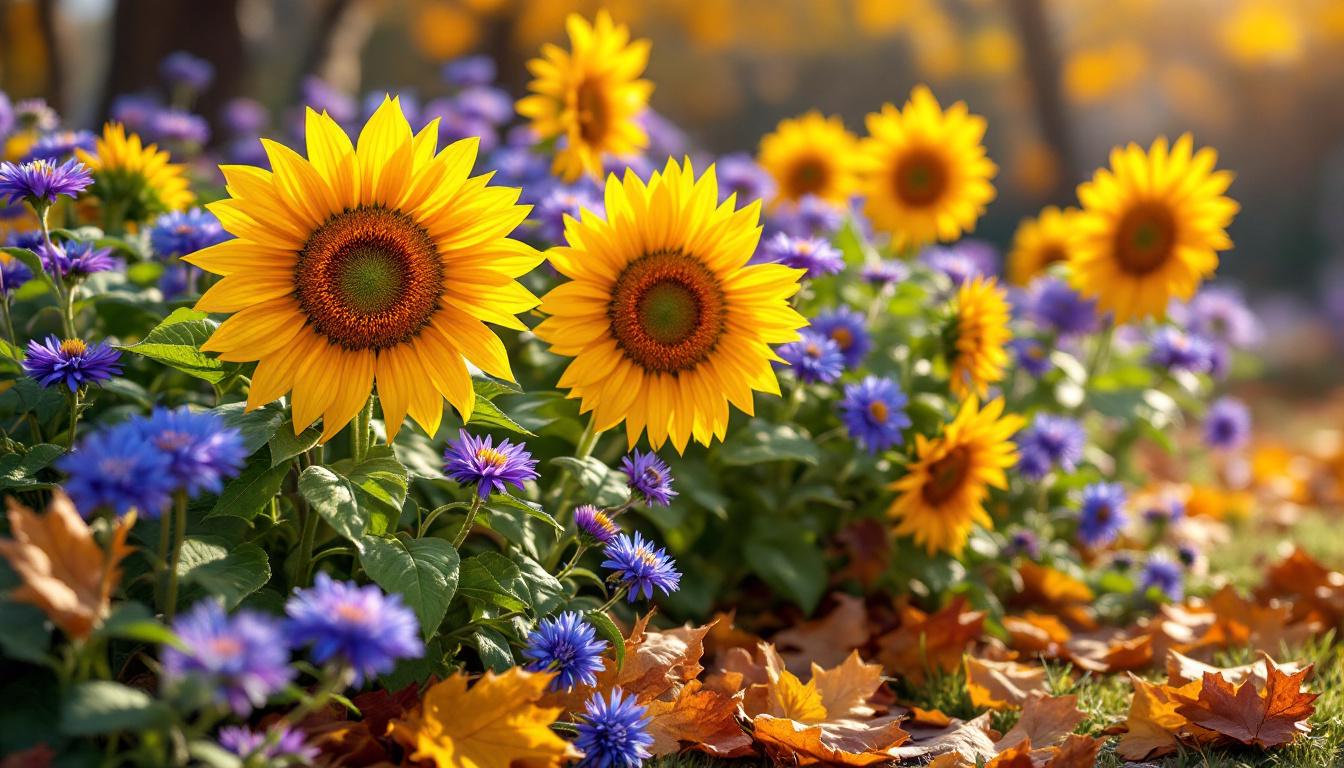 Tournesols tardifs et asters colorés illuminant un jardin d’automne rayonnant malgré le froid.