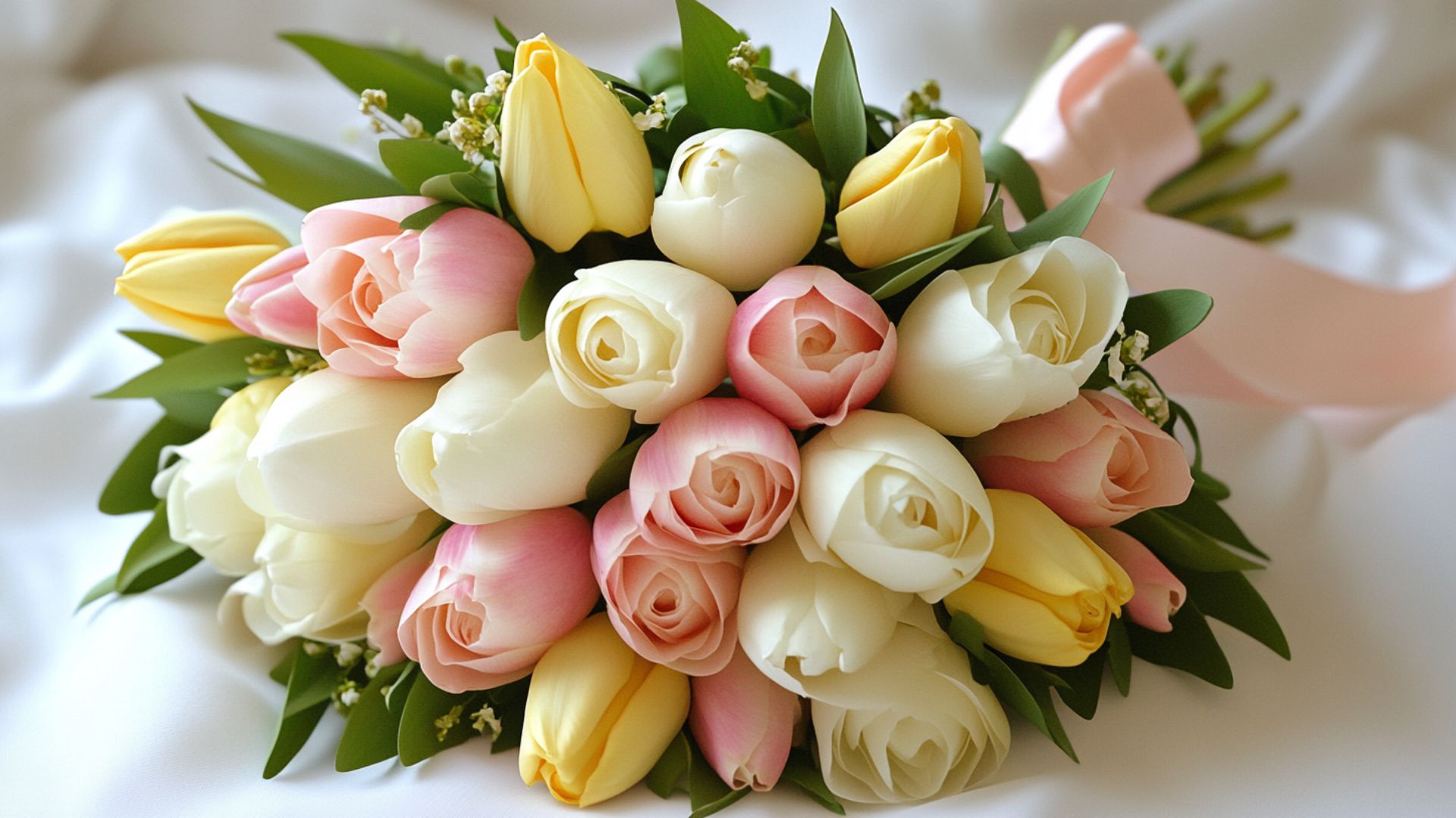 Bouquet de roses élégantes et tulipes printanières pour l'anniversaire de grand-mère