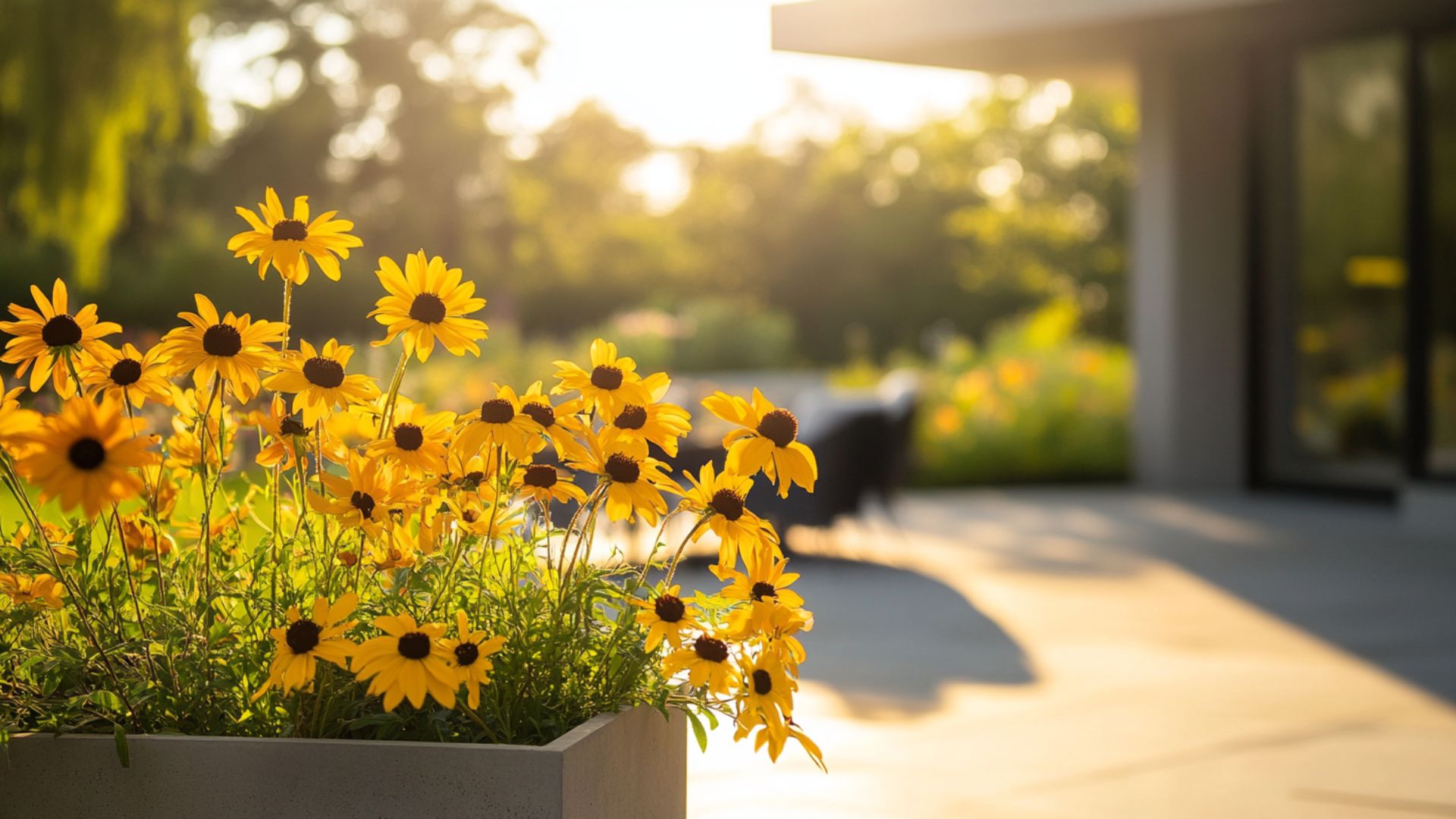 Jardin moderne avec fleurs jaunes éclatantes