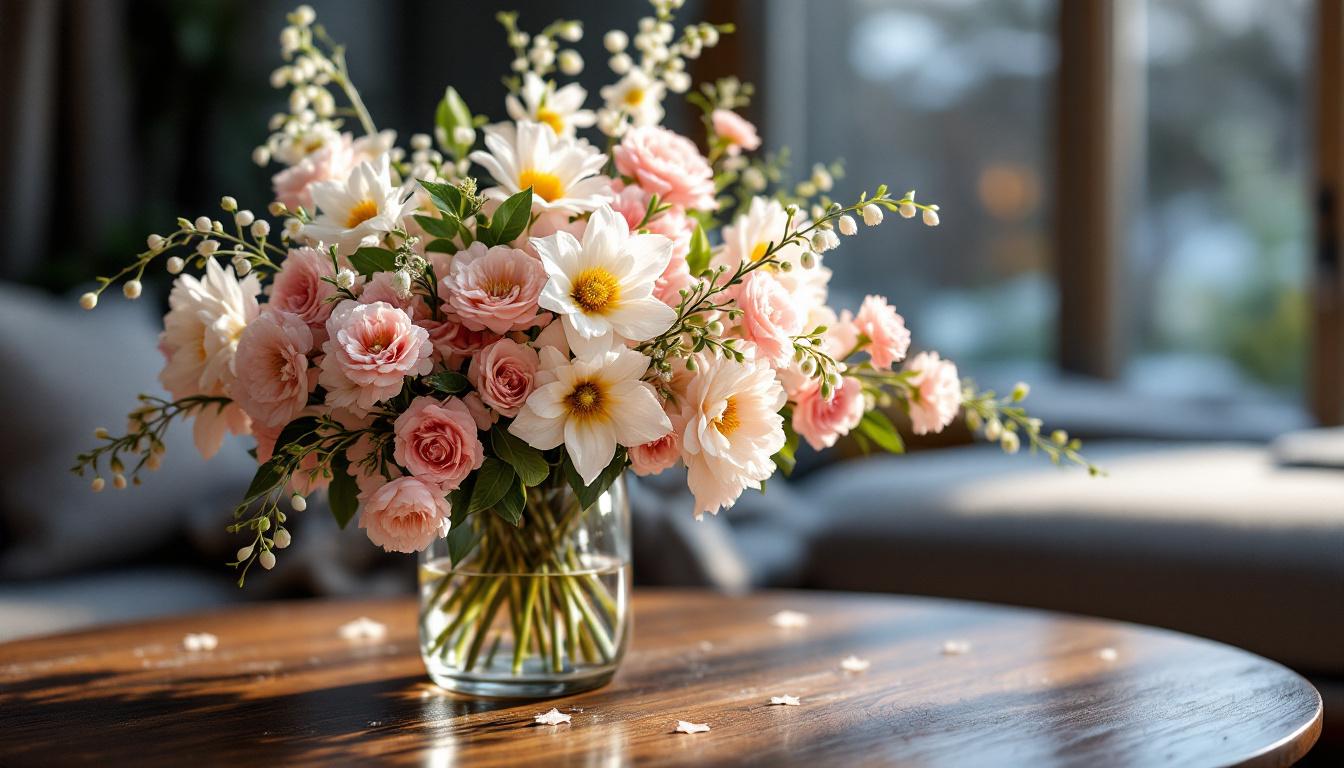 Bouquet fleurs hiver janvier illuminant salon chaleureux