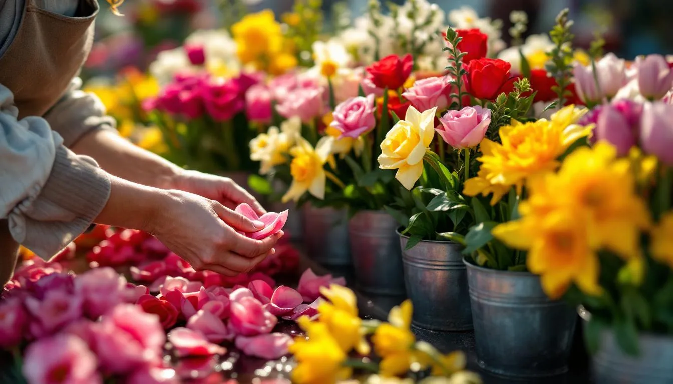 Sélection fleurs fraîches saison marché fleuriste