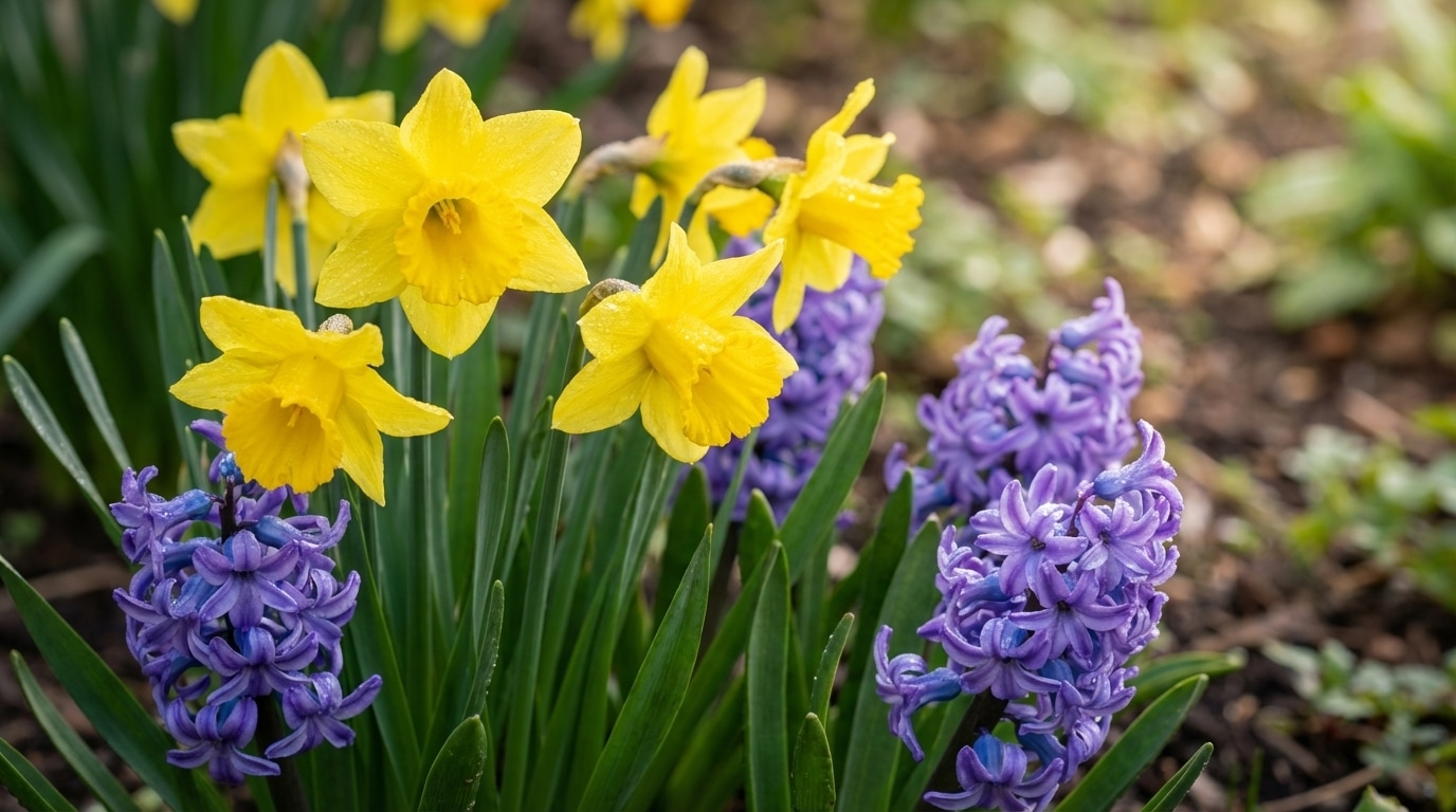 Jonquilles jaunes et jacinthes printanières fraîches