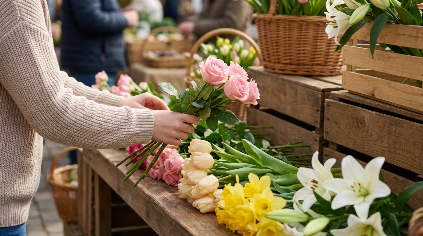 Mains choisissant couleurs fleurs pour grand-mère